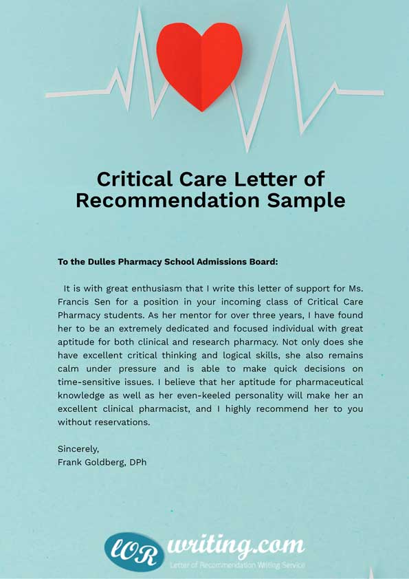 Critical Care Pharmacy letter of recommendation sample