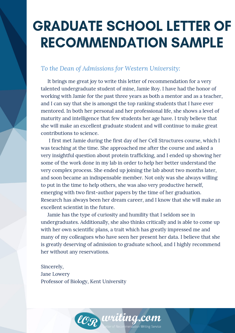 Professional Sample Letter Of Recommendation For Graduate School