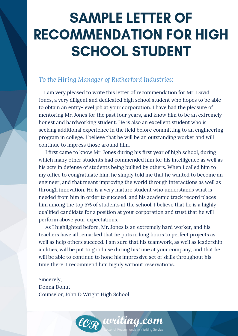 Sample Letter Of Recommendation For High School Student