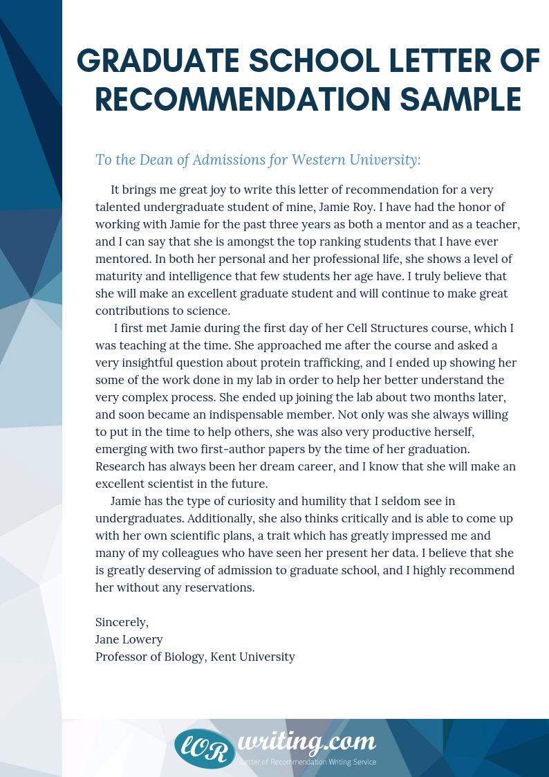 Letter Of Recommendation For Graduate School Template