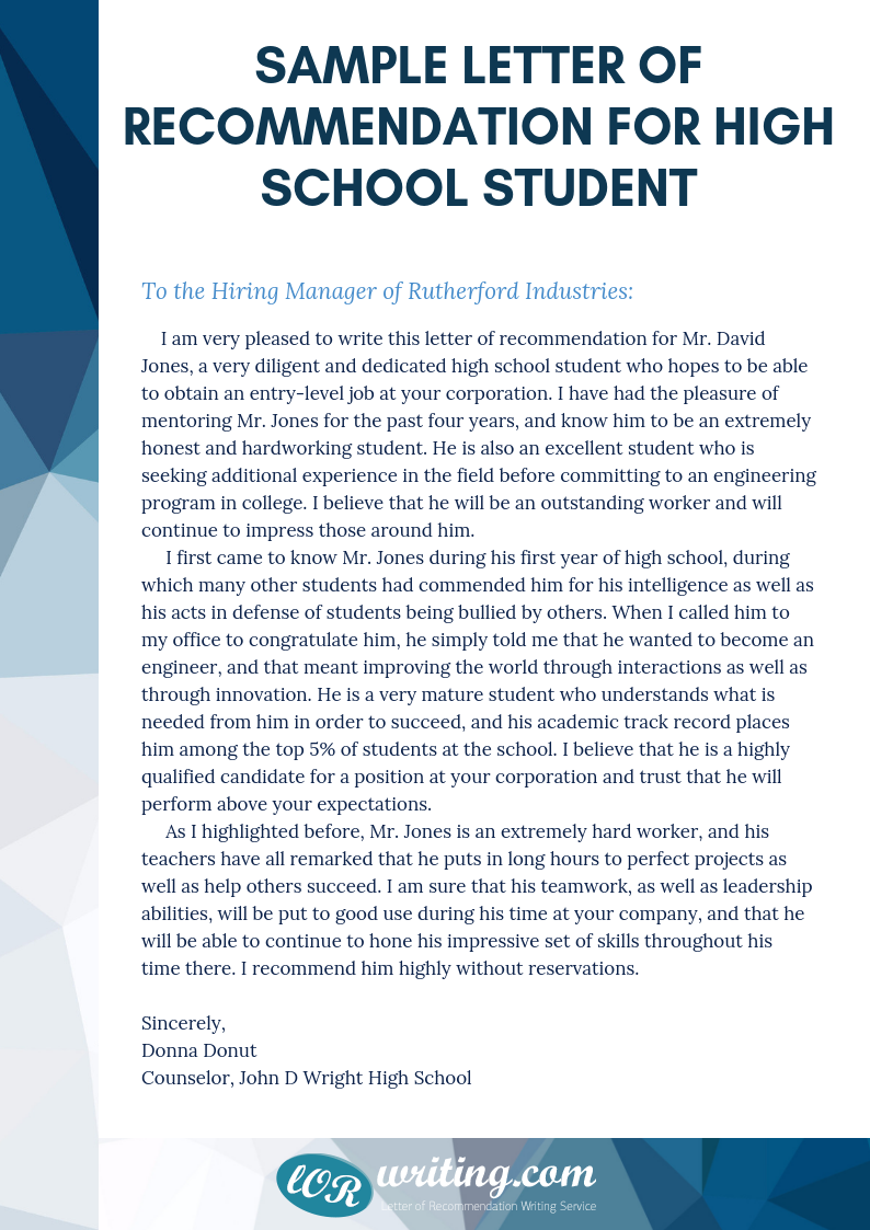 High School Student Sample Letter Of Recommendation For Scholarship 